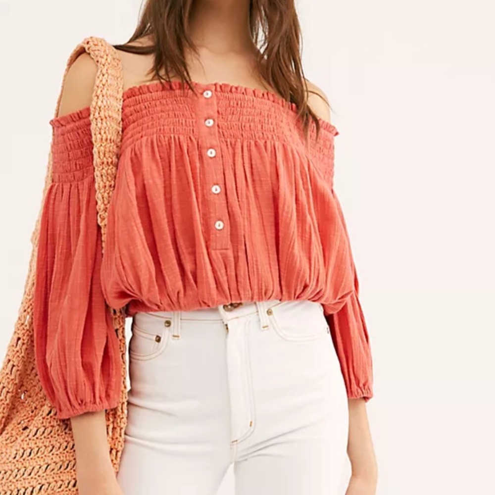 Free people dancing til dawn off the shoulder coral summer crop top sz s
